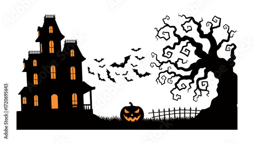 Spooky Halloween Night: An eerie silhouette of a haunted house, a gnarled tree, and flying bats create a spooky atmosphere. A carved pumpkin on the grass with glowing eyes adds to the haunting scene.