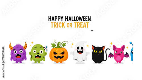 A Spooktacular Halloween Gathering: A delightful array of cartoonish Halloween characters, including a grinning jack-o'-lantern, ghostly apparition and playful monsters, stand side-by-side.