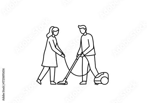 Man and woman using vacuum cleaner while cleaning home together  