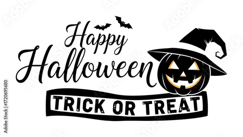 Happy Halloween: A festive Halloween illustration with a grinning pumpkin wearing a witch hat, accompanied by the words Happy Halloween and Trick or Treat, perfect for Halloween celebrations.