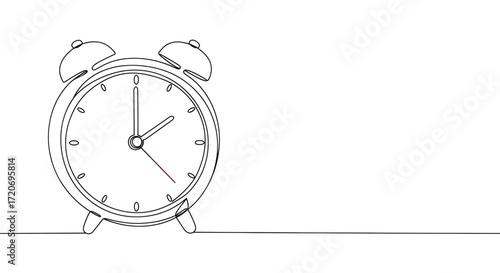 Line drawing of a classic alarm clock on a minimal background  