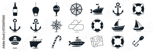 Sea Adventure Icon Pack,  Black Maritime Line Art Symbols Including Sailing Boats, Anchors, Compass Rose, Helm Wheel, Waves, Coastal Lifestyle, Fishing Themes, and Nautical Design Elements