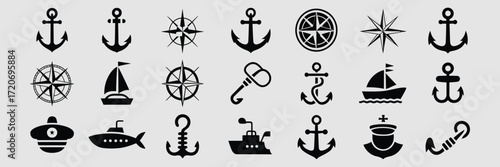Maritime Icon Set,  Black Line Art Vector Symbols for Nautical Themes, Sailing Adventures, Marine Navigation, Ocean Travel, Fishing Boats, Coastal Lifestyle, and Sea Exploration Design Projects