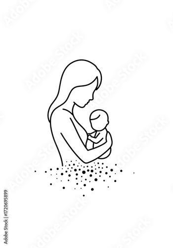 Mother holding baby in minimalist line art style with abstract design  