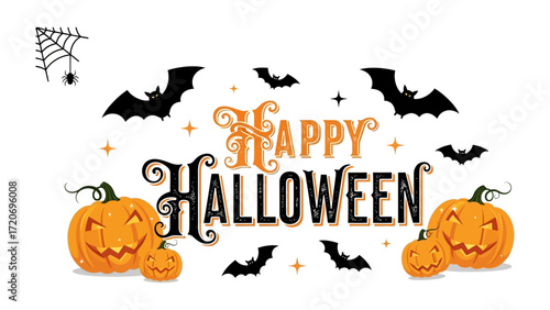 Spooky Halloween Celebration: Festive pumpkins and silhouettes of bats and spiders adorn a cheerful Happy Halloween banner, capturing the essence of autumn's most thrilling holiday season. 