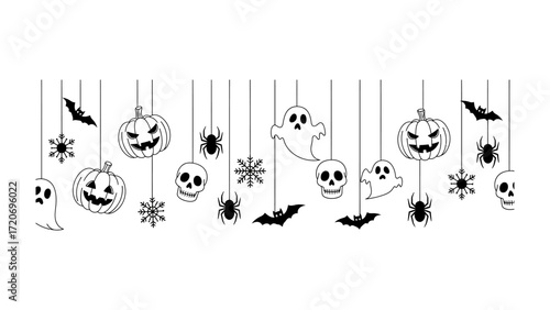Spooky Halloween Hanging Decorations: A whimsical garland of Halloween-themed ornaments hangs, including grinning pumpkins, grinning skulls, mischievous ghosts, creepy spiders, playful bats.