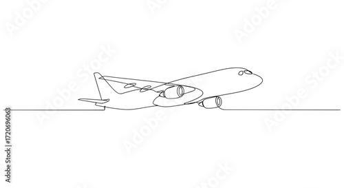 Airplane taking off in minimal line art style on white background  