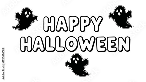 Happy Halloween with Spooky Ghosts: Festive and friendly, the image spells out Happy Halloween with playful cartoon ghost silhouettes, creating a fun, slightly spooky, and cheerful seasonal design.