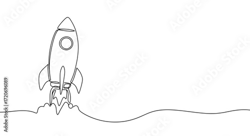 Rocket launching into space in minimal line art style  