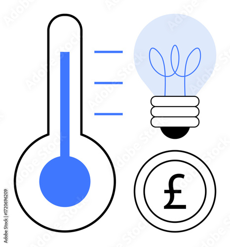Thermometer indicating temperature, light bulb symbolizing energy, and pound currency highlighting cost. Ideal for energy saving, sustainability, efficiency, finance, innovation, green technology