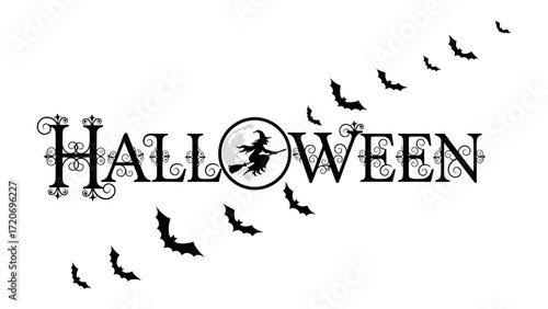 Halloween: Spooky Text and Symbols: A ghostly HALLOWEEN in elegant calligraphy, embellished with bats in flight and a witch soaring before the moon, evokes the magic of All Hallows' Eve.