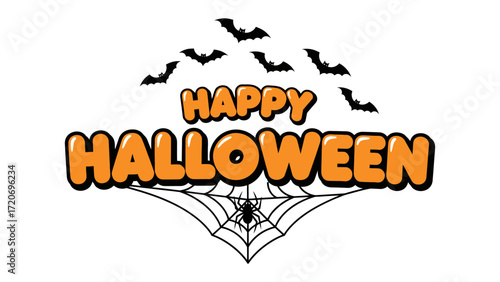 Spooky Halloween Illustration: A festive and fun Halloween illustration featuring the words Happy Halloween, bats, spider, and spiderweb to bring the seasonal festive atmosphere.