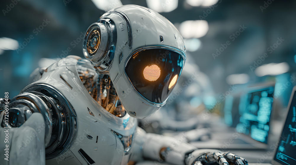 Fototapeta premium robot working in the office close up. team working on laptop in the office. artificial intelligence. AI generated