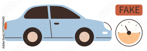 Blue car accompanied by an odometer indicating manipulation and a FAKE badge. Ideal for fraud awareness, automotive ethics, consumer deception, used car scams, mileage fraud, transparency, simple