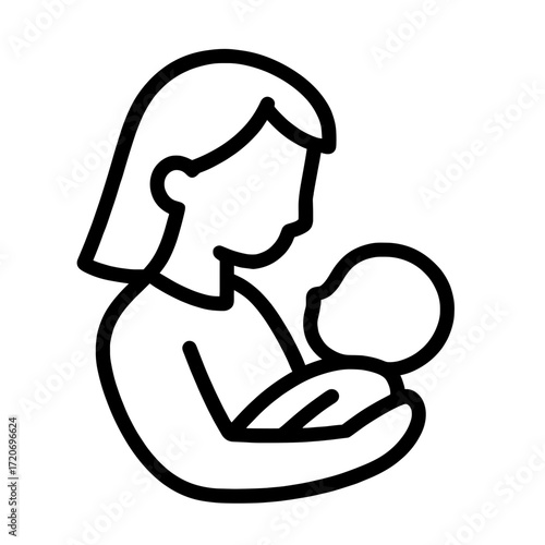 Mother holding and nurturing baby in minimalist line art style  