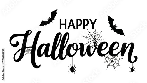 Happy Halloween: Spooky imagery and the phrase Happy Halloween are brought together in this graphic for a festive design to use for fall celebration. 