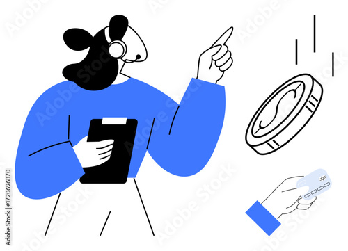 Woman gesturing confidently with a clipboard, coin, and credit card. Ideal for financial advice, customer service, payment methods, online shopping, finances, consumer behavior simple flat metaphor