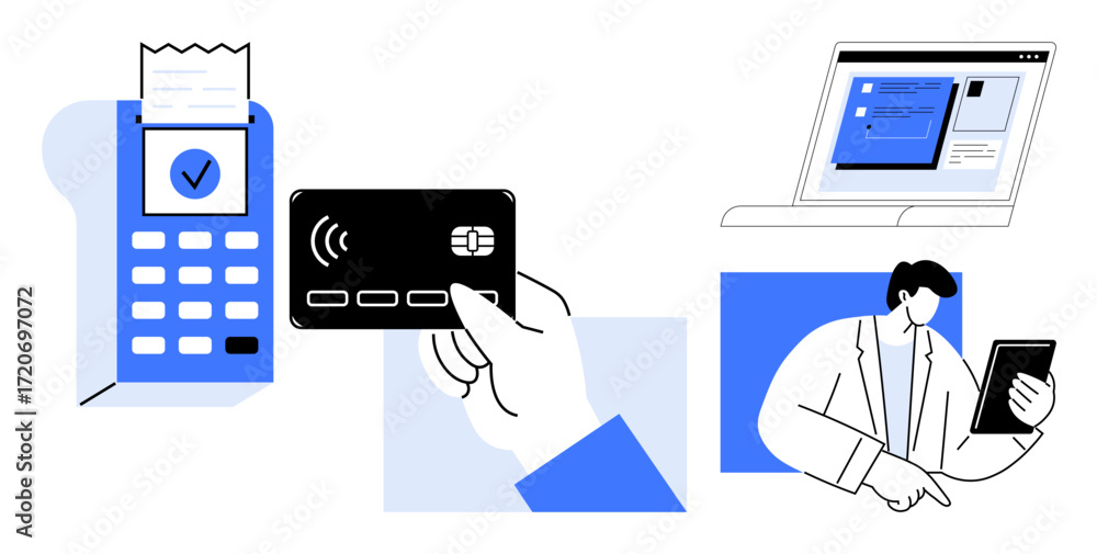 custom made wallpaper toronto digitalPayment terminal with receipt, contactless payment card in hand, person using tablet, online transaction window. Ideal for finance, e-commerce, digital security, customer service, payment solutions