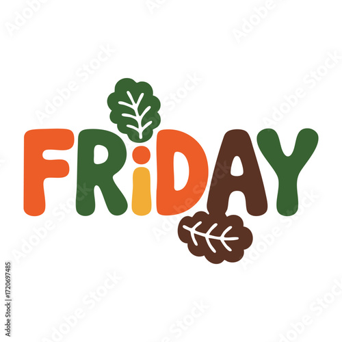 Friday phrase autumn leaves style lettering isolated on transparent background, bright color typography seasonal decor