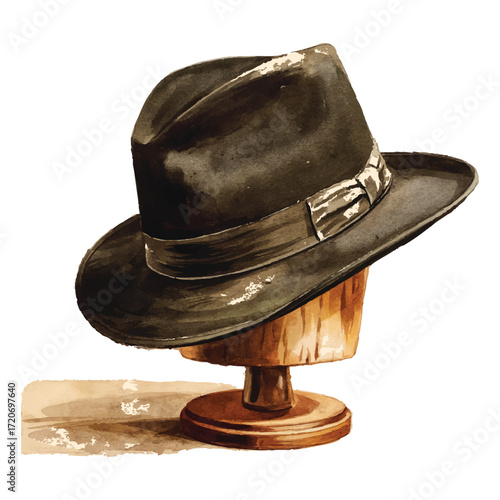 Fedora hat dark brown men fashion accessory wooden stand display classic elegant style watercolor illustration