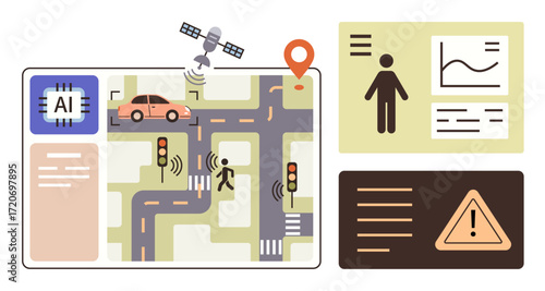 AI-powered car navigating a smart traffic grid with pedestrian detection, satellite GPS, data trends, and alerts. Ideal for technology, transportation, AI, innovation, safety futurism smart city
