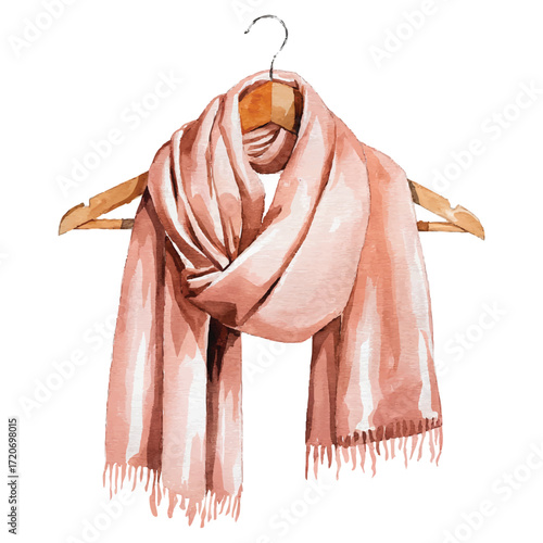 Watercolor illustration of soft pink scarf on wooden hanger, elegant fashion accessory, comfortable clothing item, textile artwork