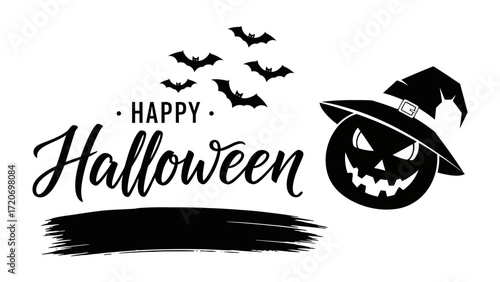 Halloween pumpkin and bats silhouette: A dark and evocative artistic depiction of Halloween, combining the iconic image of a carved pumpkin and several bats against a stark and shadowy ambiance.