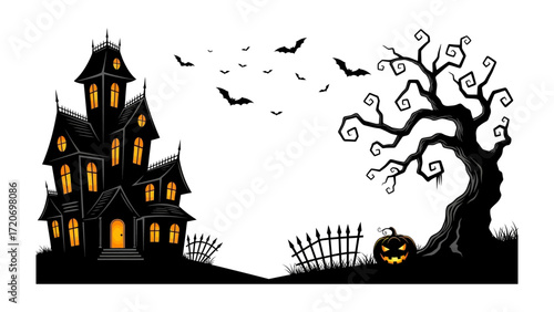 Spooky Halloween Scene: A darkly silhouetted haunted house and a twisted tree with a jack-o'-lantern in foreground evoke the mystery of Halloween. Bats flutter in the moonlit sky.