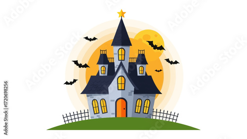 Spooky Halloween Mansion: A whimsical and eerie illustration of a haunted mansion on a spooky Halloween night, with silhouettes of bats fluttering in the moonlight. 
