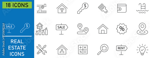 Collation of real estate icon set. Real Estate outline icons collection. Includes house, villa, mortgage, realtor, amenities editable stroke. Vector illustration