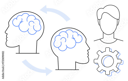 Two outlined brains connected by arrows, a human head, and gear symbolizing idea exchange, creativity, learning, and teamwork. Ideal for education, innovation, communication collaboration