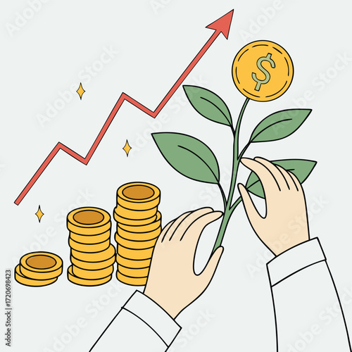 Two hands nurture a plant with a dollar coin as its flower, symbolizing investment growth. Stacks of gold coins and a red upward arrow with sparkles suggest financial success and rising wealth.