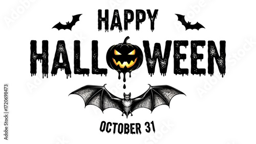 Halloween Greeting Card Design: Spooky Halloween-themed illustration features a carved pumpkin, bats, and the words Happy Halloween and October 31st, perfect for cards and social media.