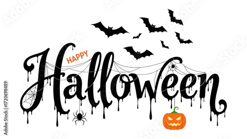 Happy Halloween Greeting: A vibrant Halloween illustration featuring a creative word art design, complemented by spooky spider webs, a grinning jack-o'-lantern, and silhouettes of bats.