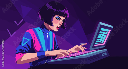 Cyberpunk female specialist working with data on a glowing retro terminal