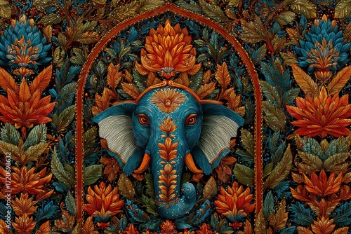 Wallpaper Mural A vibrant and colorful image of an elephant in a floral pattern, set against a mandala background. The elephant represents strength and wisdom, adding a unique touch to the intricate design. Torontodigital.ca