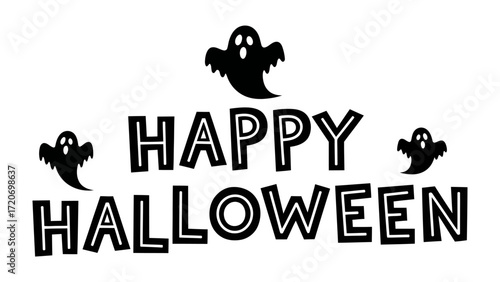 Happy Halloween: Spooky Halloween text with ghosts graphics, perfect for seasonal greetings and event promotions, evoking a festive atmosphere with playful design elements.