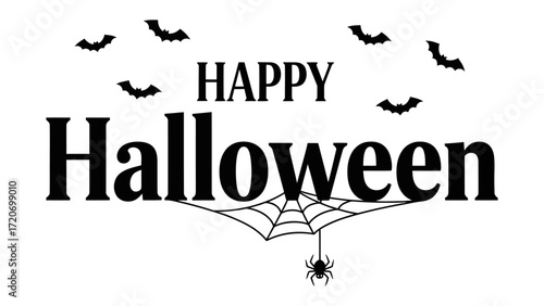 Happy Halloween Festive Illustration: A vibrant holiday illustration, featuring classic Halloween elements of bats, spider web.