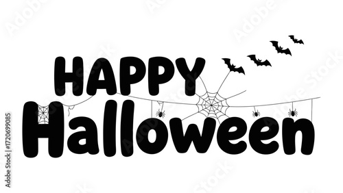 Happy Halloween Typography: Festive typography spells out Happy Halloween with spooky spiders, a web, and bat silhouettes, ready to bring a touch of playful dread.