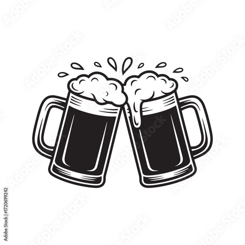 Monochromatic Illustration of Two Beer Mugs Clinking Together in Celebration with Frothy Tops and Visible Droplets