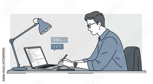 Focused Coder Working on Laptop with Code Bubbles Illustration