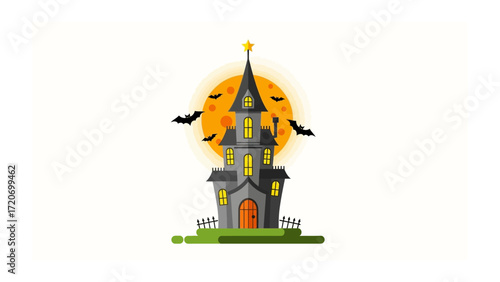 Spooky Manor Under the Moonlight: A chilling illustration of a haunted house silhouette against a large orange full moon, set to bring a touch of spectral delight.