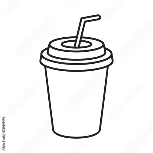 A simple black and white line drawing of a disposable cup with a lid and straw vector design
