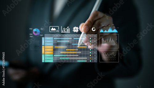 AI driven project management dashboard with Gantt chart, analytics, and data visualization tools. Ideal for business strategy, planning, productivity, timeline, KPI and performance tracking.