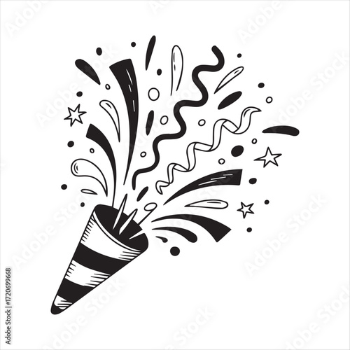 Hand-drawn black and white party popper confetti explosion illustration.