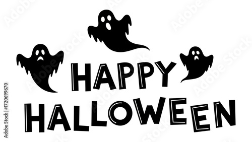 Happy Halloween Text with Spooky Ghosts: A festive Halloween greeting featuring the words Happy Halloween adorned with charming, yet eerie, silhouettes of friendly ghosts.