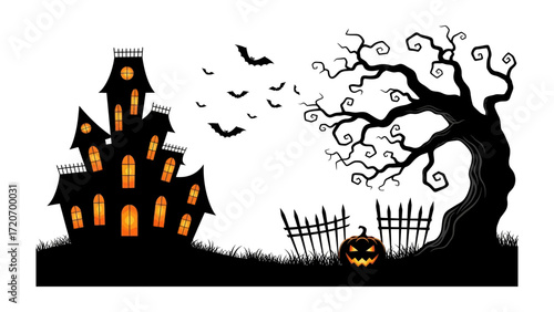 Spooky Halloween Scene: A silhouette of a haunted house with eerie glowing windows, bats flying overhead, gnarled tree, jack o lantern create a captivating Halloween scene. 