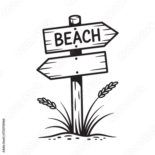 Hand Drawn Beach Sign with Grasses Illustration of Directional Signpost Near Shoreline for Summertime Vacation and Coastal Destinations