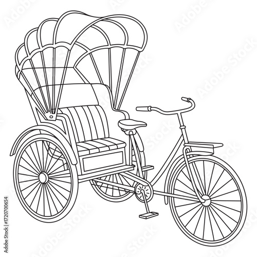 Intricate Line Art Depiction of a Vintage Three Wheeled Rickshaw with Detailed Spoke Wheels and Elegant Canopy Design