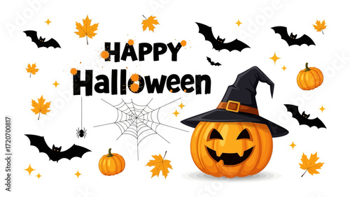 Happy Halloween: A vibrant Halloween-themed design, featuring a grinning Jack-o'-lantern, bats, spiderwebs, autumn leaves and pumpkins to get you in a festive mood. 